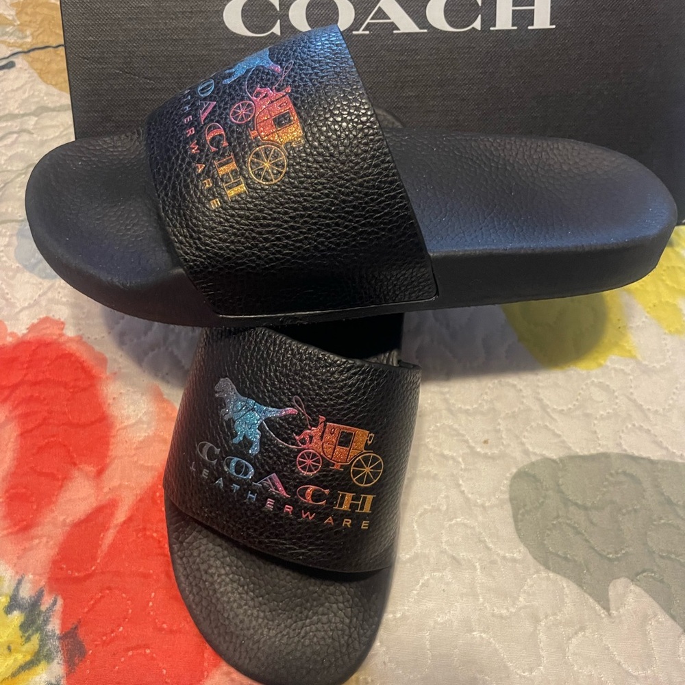 Coach Black Slide Sandals with Logo Print - Picture 2 of 5
